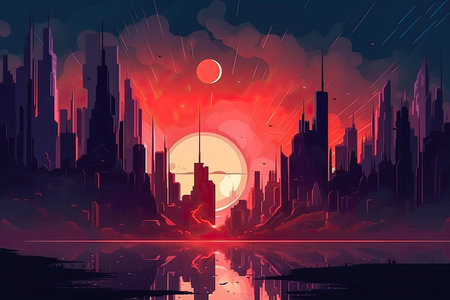 Futuristic vision of a city with vibrant colors. Abstract flat illustration, scifi future concept art. Generative AI.の素材