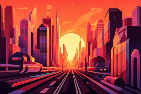 Futuristic vision of a city with vibrant colors. Abstract flat illustration, scifi future concept art. Generative AI.の素材