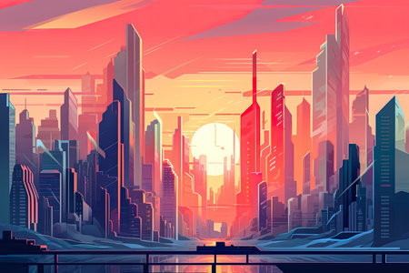 Futuristic vision of a city with vibrant colors. Abstract flat illustration, scifi future concept art. Generative AI.の素材