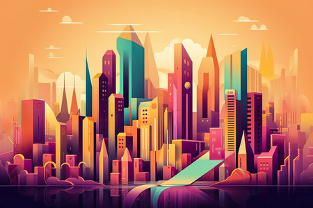 Futuristic vision of a city with vibrant colors. Abstract flat illustration, scifi future concept art. Generative AI.の素材