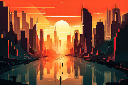 Futuristic vision of a city with vibrant colors. Abstract flat illustration, scifi future concept art. Generative AI.の素材