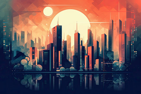 Futuristic vision of a city with vibrant colors. Abstract flat illustration, scifi future concept art. Generative AI.の素材