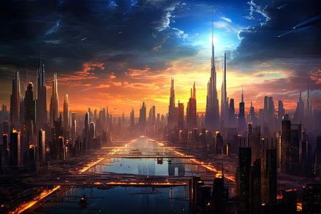 Futuristic vision of a city life. Abstract flat illustration, scifi future concept art. Generative AI.の素材