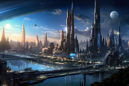 Futuristic vision of a city life. Abstract flat illustration, scifi future concept art. Generative AI.の素材