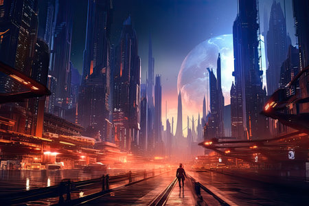 Futuristic vision of a city life. Abstract flat illustration, scifi future concept art. Generative AI.の素材