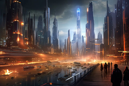 Futuristic vision of a city life. Abstract flat illustration, scifi future concept art. Generative AI.の素材