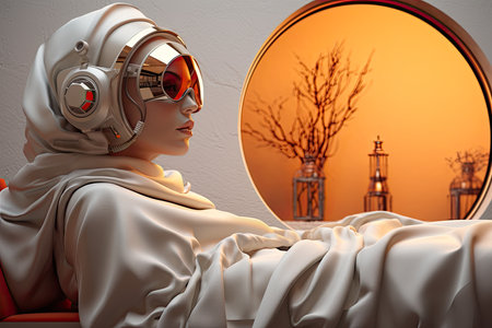 Woman in the bed of a futuristic bedroom. Concept art illustration on the future. Generative AIの素材