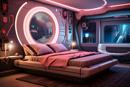 Futuristic master bedroom. Concept art illustration on the future. Generative AIの素材