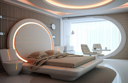 Futuristic master bedroom. Concept art illustration on the future. Generative AIの素材