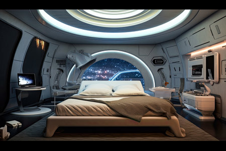 Futuristic master bedroom. Concept art illustration on the future. Generative AIの素材