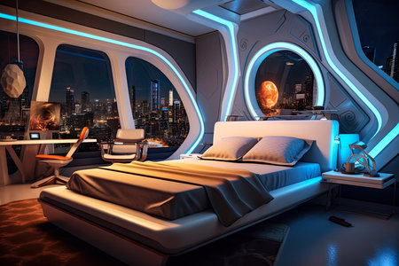 Futuristic master bedroom. Concept art illustration on the future. Generative AIの素材