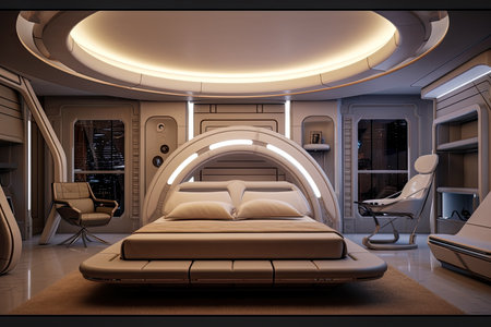 Futuristic master bedroom. Concept art illustration on the future. Generative AIの素材
