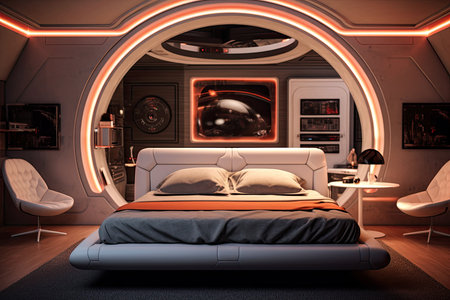 Futuristic master bedroom. Concept art illustration on the future. Generative AIの素材