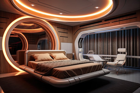 Futuristic master bedroom. Concept art illustration on the future. Generative AIの素材