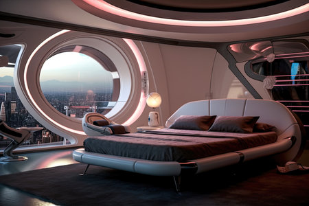 Futuristic master bedroom. Concept art illustration on the future. Generative AIの素材