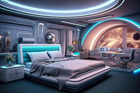 Futuristic master bedroom. Concept art illustration on the future. Generative AIの素材
