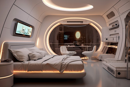 Futuristic master bedroom. Concept art illustration on the future. Generative AIの素材