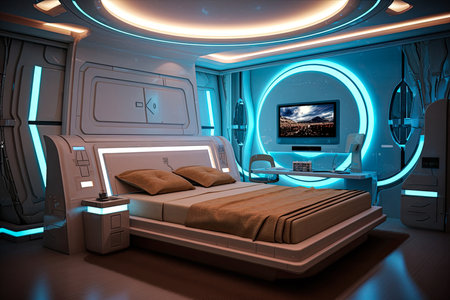 Futuristic master bedroom. Concept art illustration on the future. Generative AIの素材