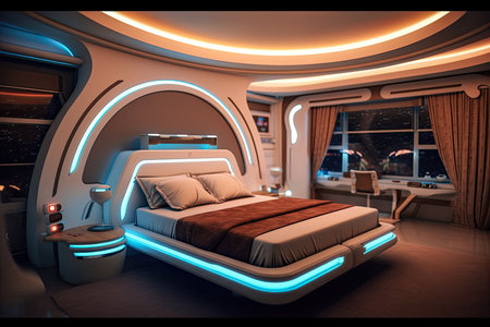 Futuristic master bedroom. Concept art illustration on the future. Generative AIの素材