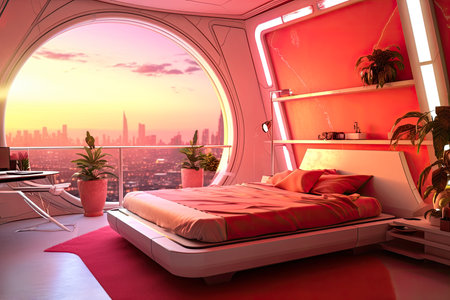 Futuristic master bedroom. Concept art illustration on the future. Generative AIの素材