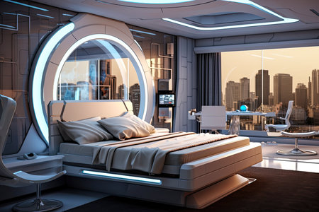 Futuristic master bedroom. Concept art illustration on the future. Generative AIの素材