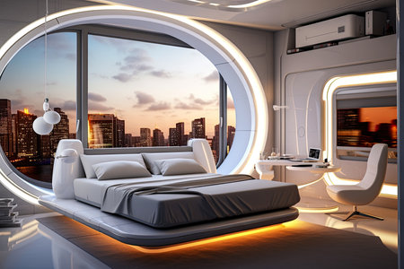Futuristic master bedroom. Concept art illustration on the future. Generative AIの素材