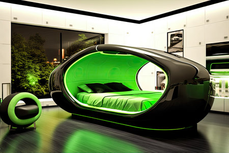 Futuristic master bedroom. Concept art illustration on the future. Generative AIの素材