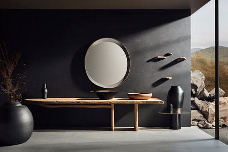 Composition of shelves with a round mirror on top in an interior design minimalistic concept. Generative AIの素材