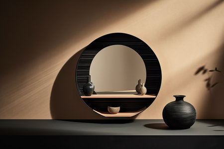 Composition of shelves with a round mirror on top in an interior design minimalistic concept. Generative AIの素材