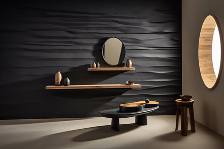 Composition of shelves with a round mirror on top in an interior design minimalistic concept. Generative AIの素材
