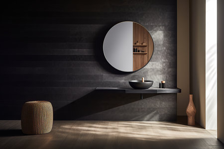 Composition of shelves with a round mirror on top in an interior design minimalistic concept. Generative AIの素材