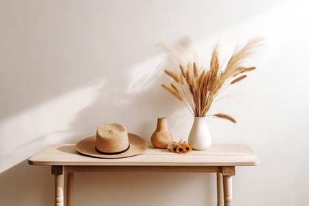 Minimalistic still life composition with a bright background. Interior design concept. Generative AIの素材