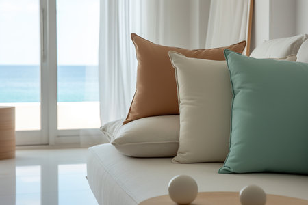 Mediterranean interior design composition with pillows - Minimalistic concept. Generative AIの素材