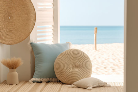 Mediterranean interior design composition with pillows - Minimalistic concept. Generative AIの素材