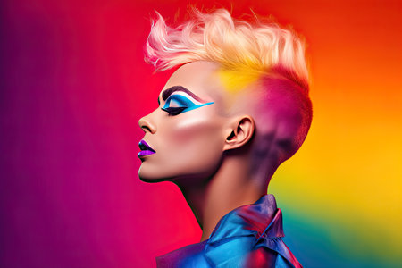 Drag queen with the rainbow flag colors on the background. Pride celebration.の素材