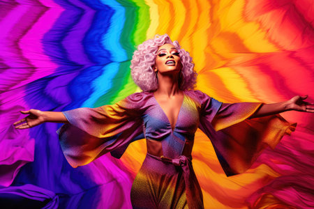 Drag queen with the rainbow flag colors on the background. Pride celebration.の素材