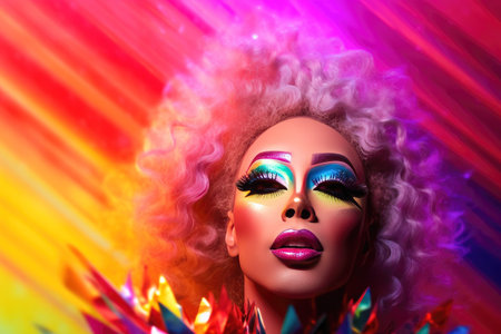 Drag queen with the rainbow flag colors on the background. Pride celebration.の素材