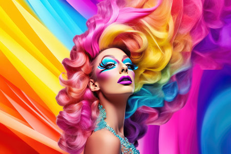 Drag queen with the rainbow flag colors on the background. Pride celebration.の素材