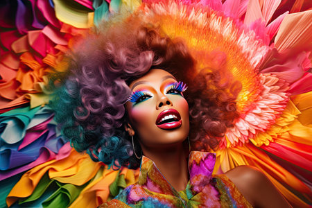 Drag queen with the rainbow flag colors on the background. Pride celebration.の素材