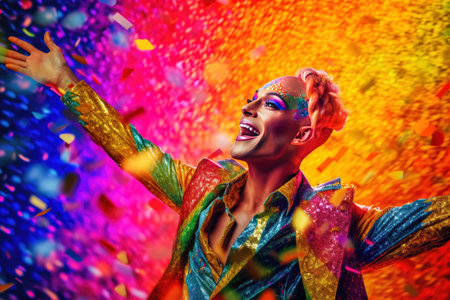 Drag queen with the rainbow flag colors on the background. Pride celebration.の素材