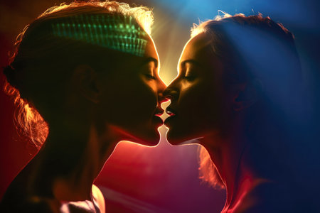 Two women kissing each other's lips with light playing. Generative AIの素材