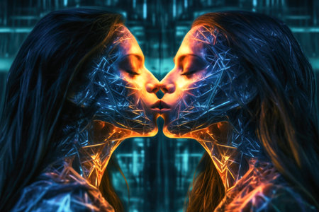 Two women kissing each other's lips with light playing. Generative AIの素材