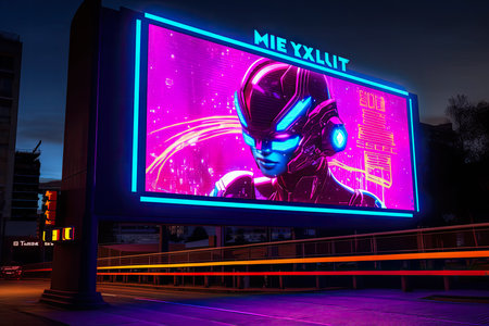 Advertising billboards in a futuristic city streets at night. Generative AIの素材