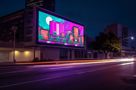 Advertising billboards in a futuristic city streets at night. Generative AIの素材