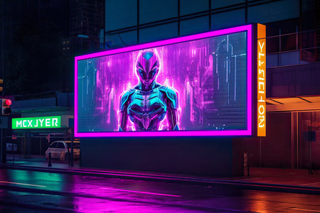 Advertising billboards in a futuristic city streets at night. Generative AIの素材