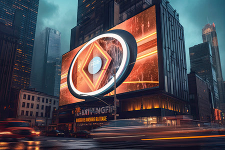 Advertising billboards in a futuristic city streets at night. Generative AIの素材