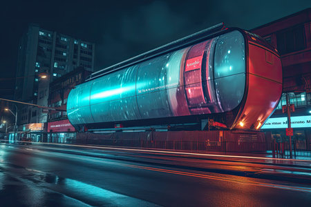 Advertising billboards in a futuristic city streets at night. Generative AIの素材