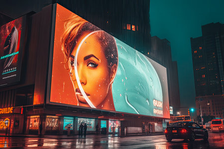 Advertising billboards in a futuristic city streets at night. Generative AIの素材