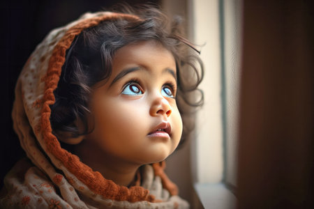Close up of a hindi child alone in a room with a window and natural lightの素材