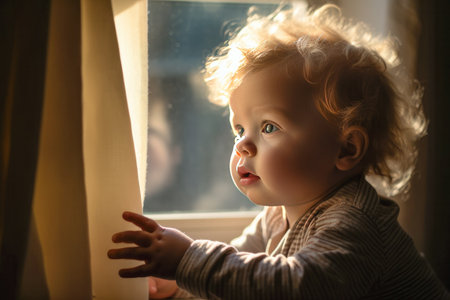 Close up of a child alone in a room with a window and natural lightの素材